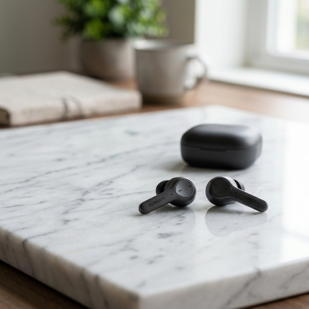 Photoreal wireless earbuds on marble for marketing, generated with Nano Banana 2.1